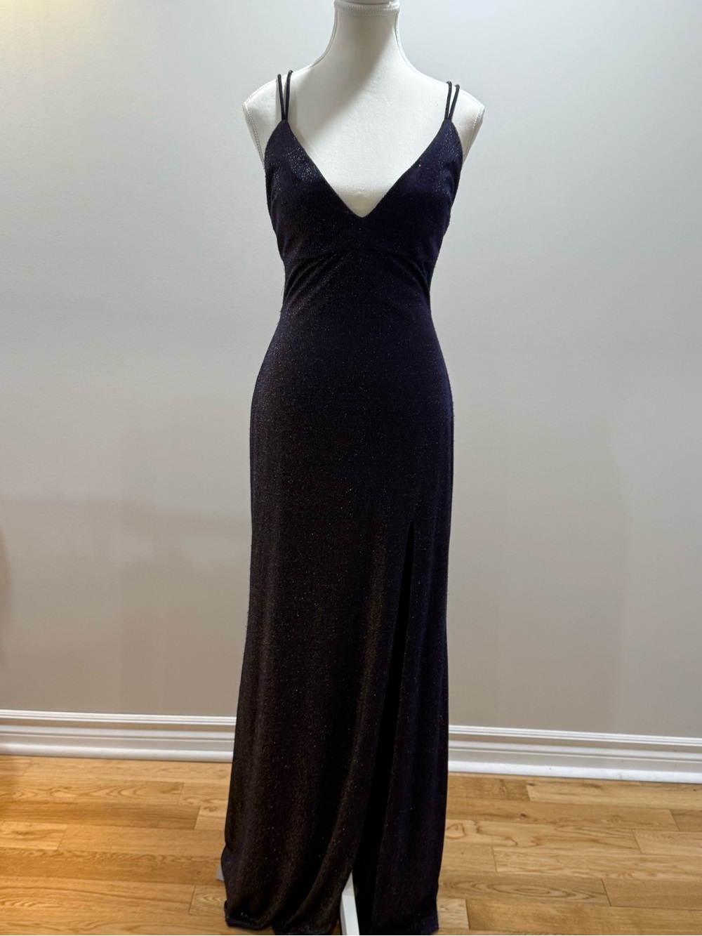 Blondie Nites Navy Shimmer V-Neck Slip Gown with Slit